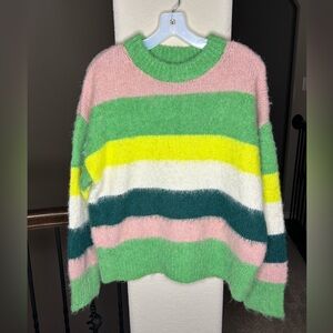a new day Women's Crewneck Brushed Pullover Sweater Green Multi Stripe Size XXL